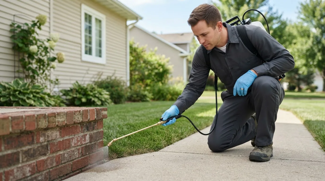 Pest control technician treating a home near Harrod, OH