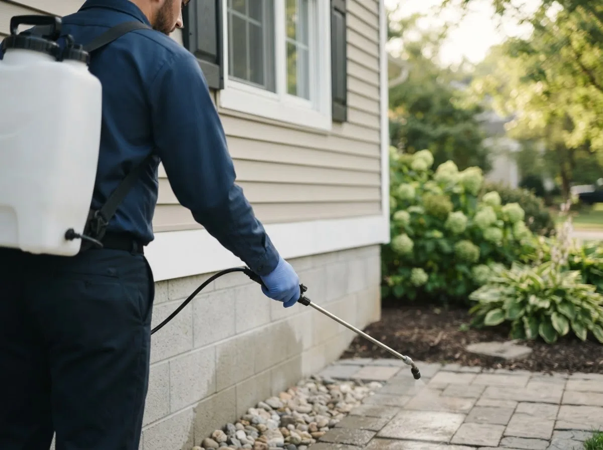 Pest control technician inspecting a home in Harrod, OH